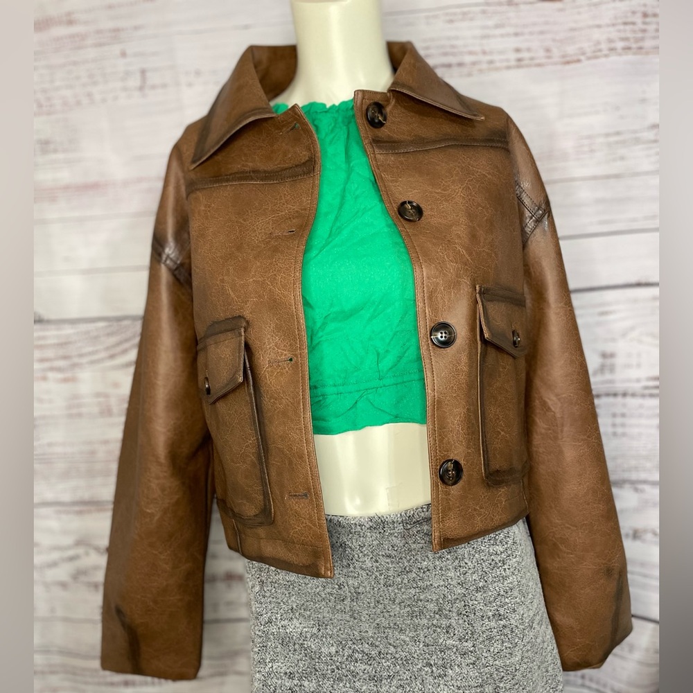 Commense Brown Faux  Leather Jacket for Women
